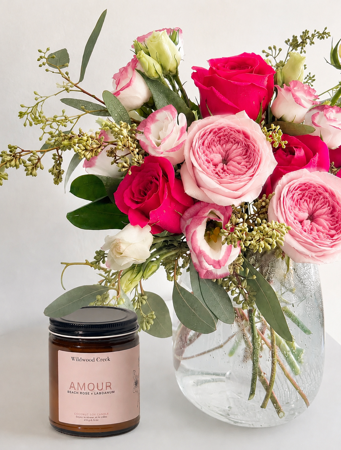 Raspberry Kiss Arrangement & Amour Candle
